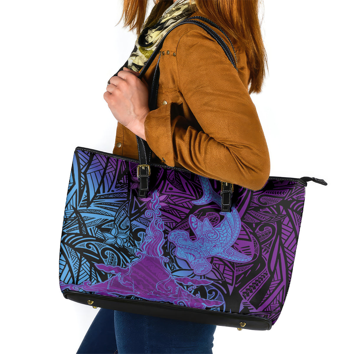 Hawaiian Volcano and Shark Leather Tote Bag Polynesian and Hibiscus Pattern Violet Gradient LT03 Violet - Polynesian Pride
