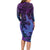 Hawaiian Volcano and Shark Long Sleeve Bodycon Dress Polynesian and Hibiscus Pattern Violet Gradient