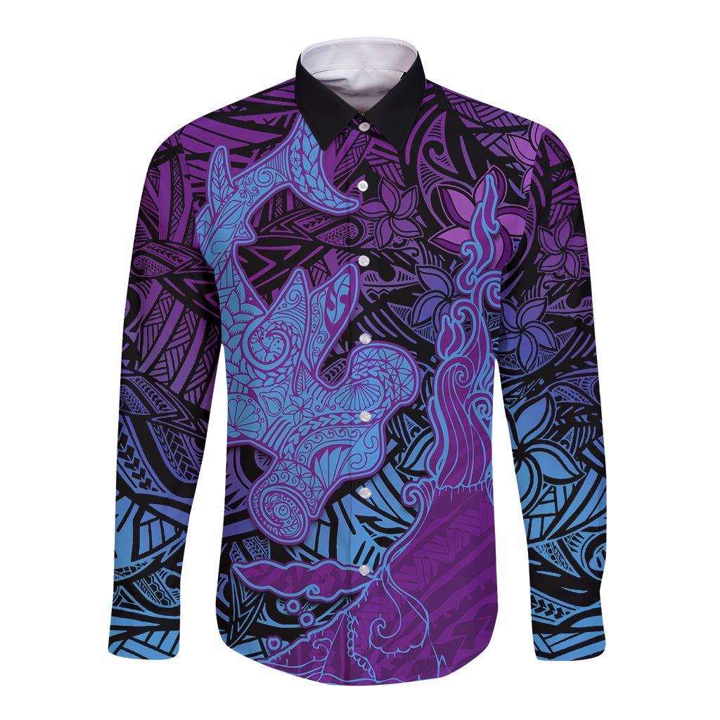 Hawaiian Volcano and Shark Long Sleeve Button Shirt Polynesian and Hibiscus Pattern Violet Gradient LT03 Unisex Violet - Polynesian Pride