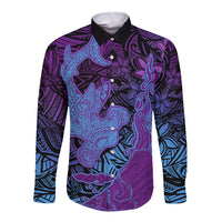 Hawaiian Volcano and Shark Long Sleeve Button Shirt Polynesian and Hibiscus Pattern Violet Gradient LT03 Unisex Violet - Polynesian Pride