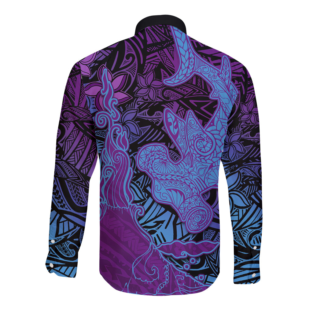 Hawaiian Volcano and Shark Long Sleeve Button Shirt Polynesian and Hibiscus Pattern Violet Gradient LT03 - Polynesian Pride