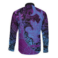 Hawaiian Volcano and Shark Long Sleeve Button Shirt Polynesian and Hibiscus Pattern Violet Gradient LT03 - Polynesian Pride
