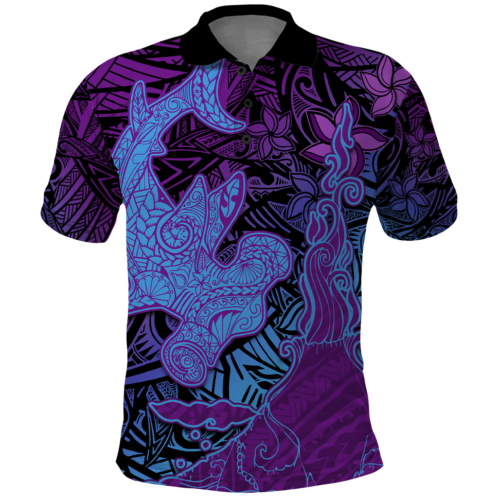 Hawaiian Volcano and Shark Polo Shirt Polynesian and Hibiscus Pattern Violet Gradient