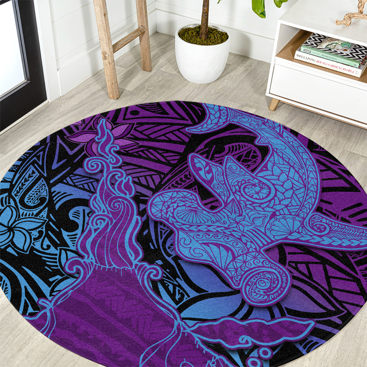 Hawaiian Volcano and Shark Round Carpet Polynesian and Hibiscus Pattern Violet Gradient LT03 Violet - Polynesian Pride