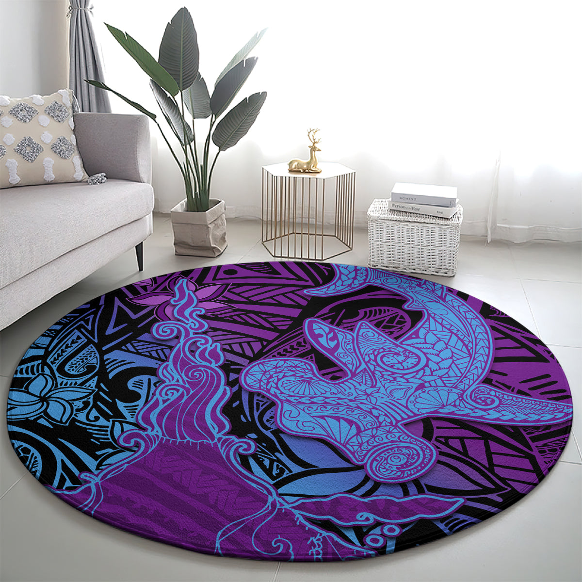 Hawaiian Volcano and Shark Round Carpet Polynesian and Hibiscus Pattern Violet Gradient LT03 - Polynesian Pride
