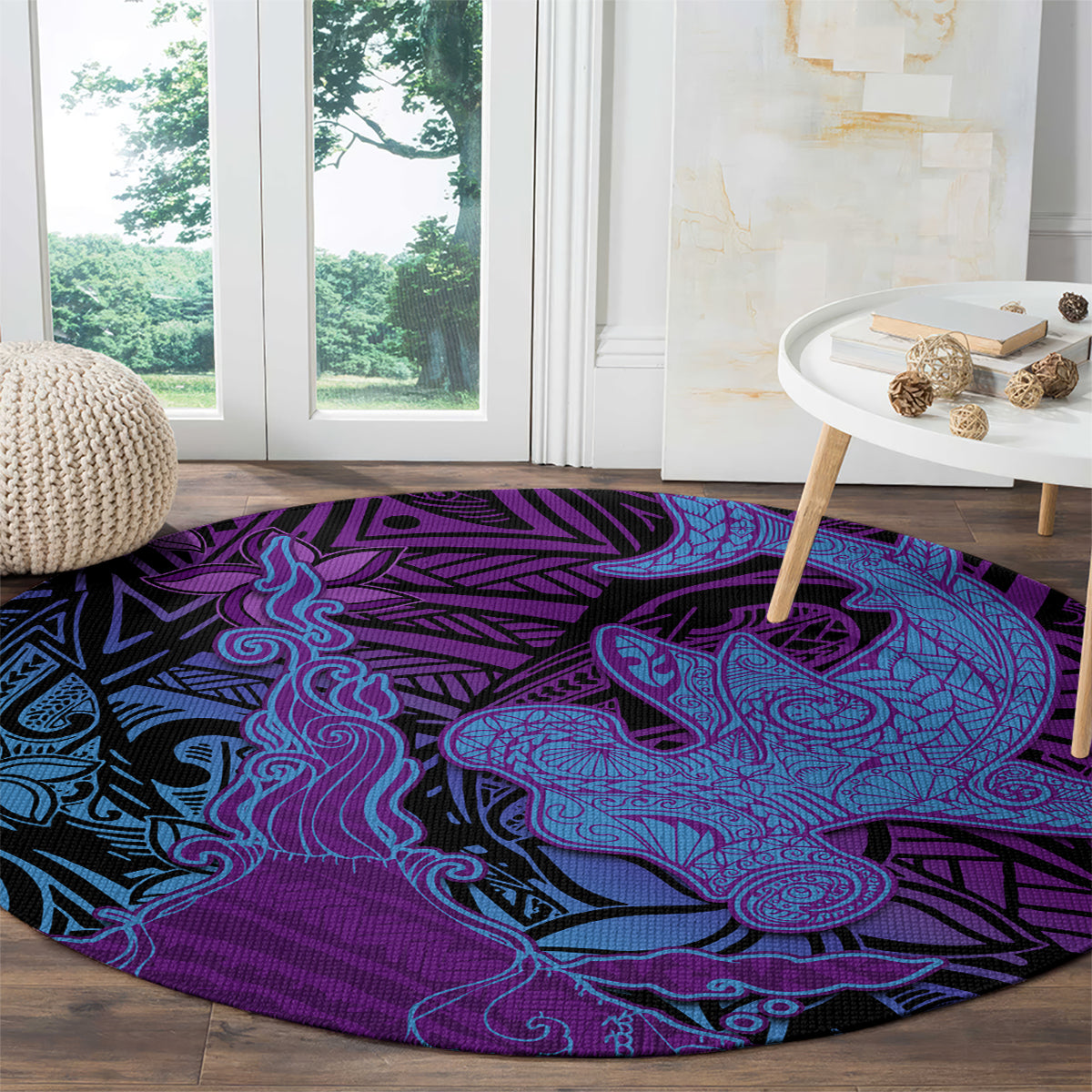 Hawaiian Volcano and Shark Round Carpet Polynesian and Hibiscus Pattern Violet Gradient LT03 - Polynesian Pride