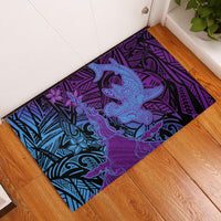 Hawaiian Volcano and Shark Rubber Doormat Polynesian and Hibiscus Pattern Violet Gradient