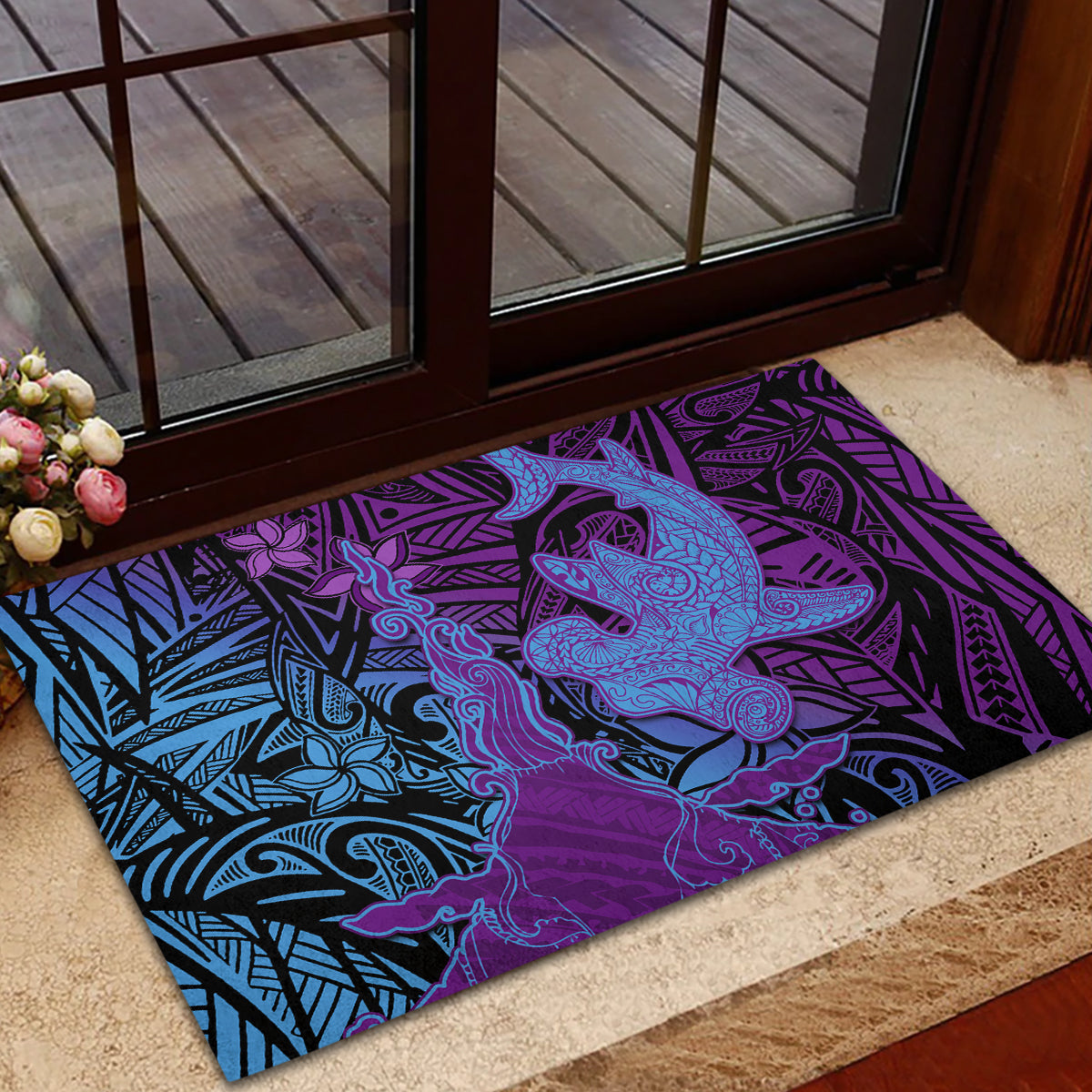 Hawaiian Volcano and Shark Rubber Doormat Polynesian and Hibiscus Pattern Violet Gradient