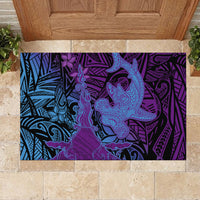 Hawaiian Volcano and Shark Rubber Doormat Polynesian and Hibiscus Pattern Violet Gradient