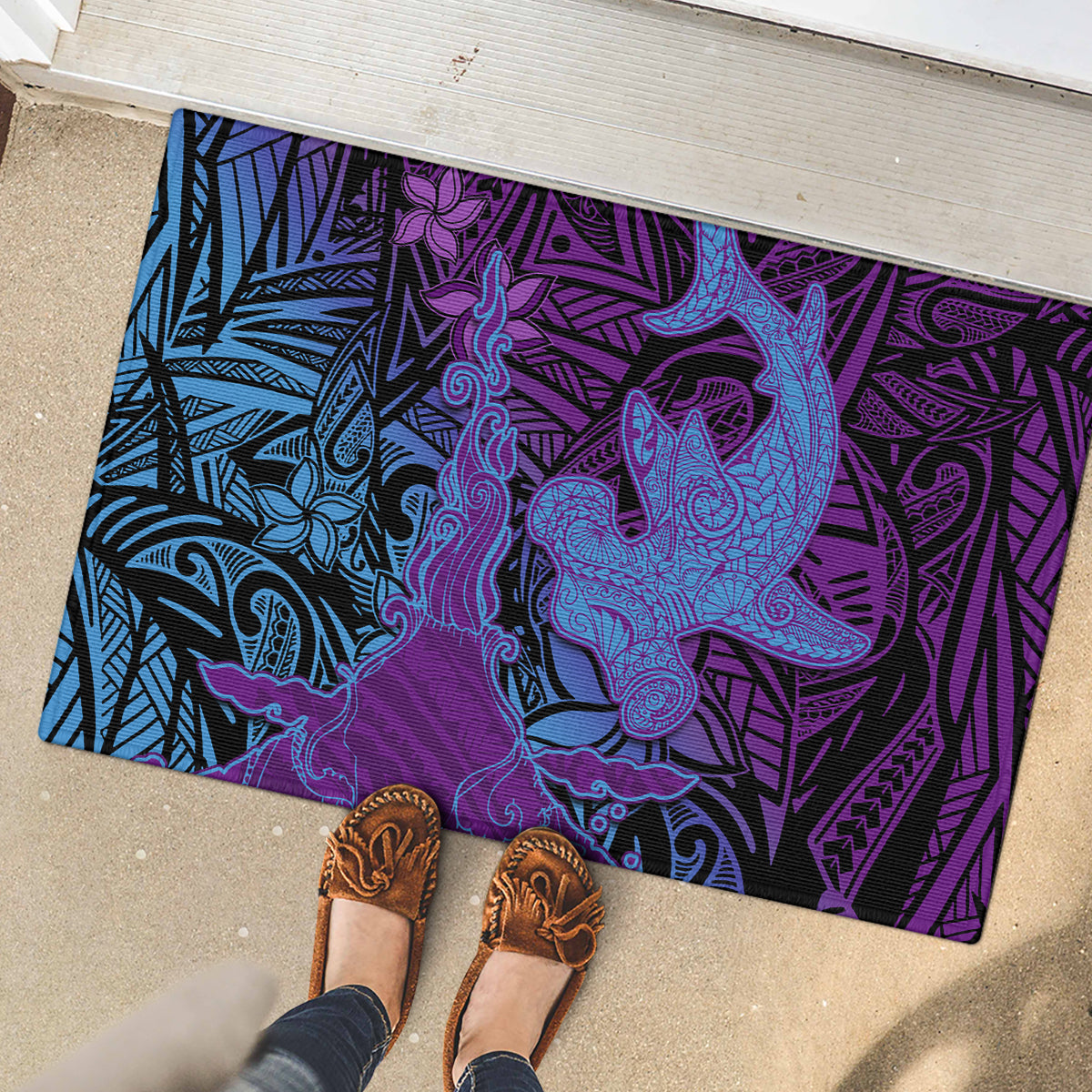 Hawaiian Volcano and Shark Rubber Doormat Polynesian and Hibiscus Pattern Violet Gradient