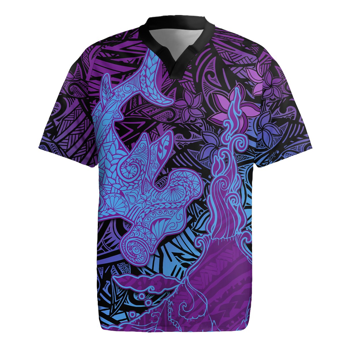 Hawaiian Volcano and Shark Rugby Jersey Polynesian and Hibiscus Pattern Violet Gradient LT03 Violet - Polynesian Pride