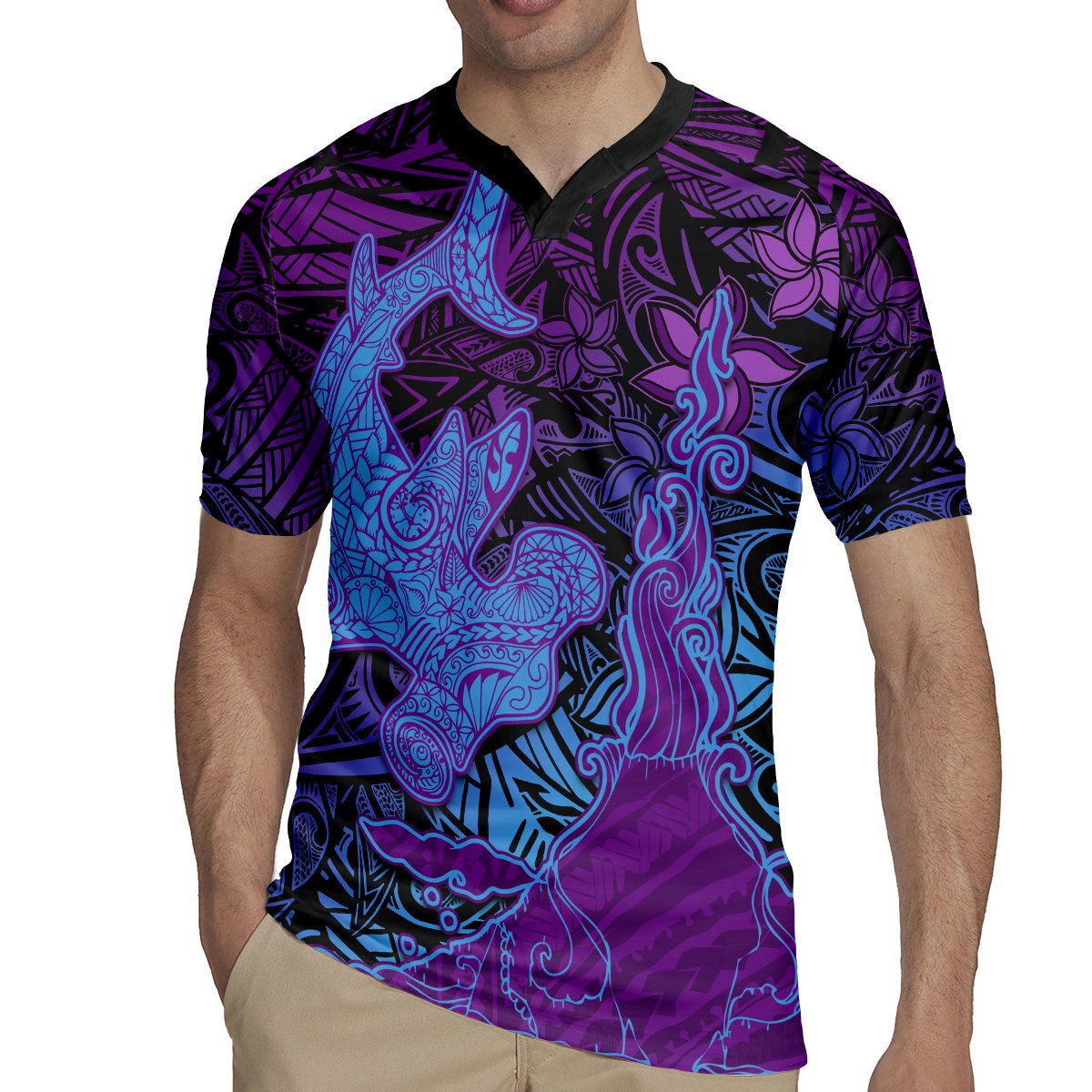 Hawaiian Volcano and Shark Rugby Jersey Polynesian and Hibiscus Pattern Violet Gradient LT03 - Polynesian Pride