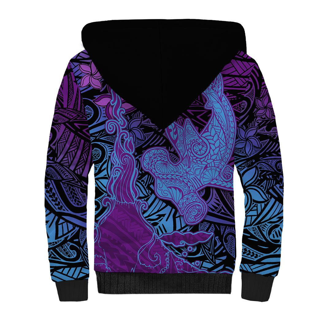 Hawaiian Volcano and Shark Sherpa Hoodie Polynesian and Hibiscus Pattern Violet Gradient