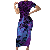Hawaiian Volcano and Shark Short Sleeve Bodycon Dress Polynesian and Hibiscus Pattern Violet Gradient LT03 Long Dress Violet - Polynesian Pride