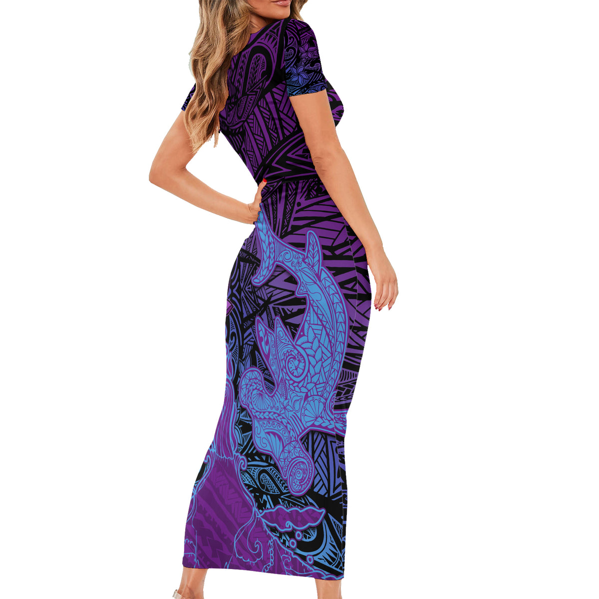 Hawaiian Volcano and Shark Short Sleeve Bodycon Dress Polynesian and Hibiscus Pattern Violet Gradient LT03 - Polynesian Pride