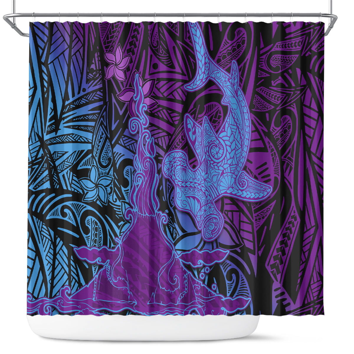 Hawaiian Volcano and Shark Shower Curtain Polynesian and Hibiscus Pattern Violet Gradient LT03 Violet - Polynesian Pride
