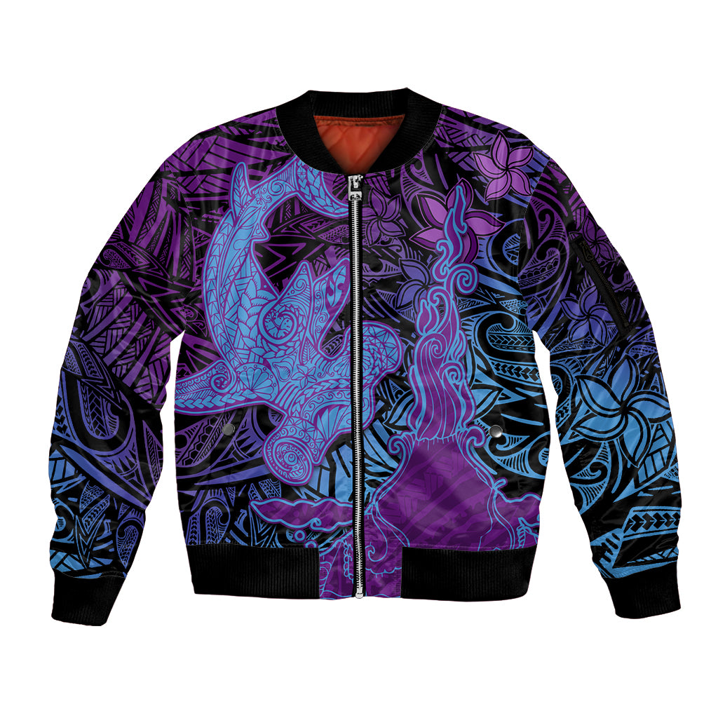 Hawaiian Volcano and Shark Sleeve Zip Bomber Jacket Polynesian and Hibiscus Pattern Violet Gradient LT03 Unisex Violet - Polynesian Pride