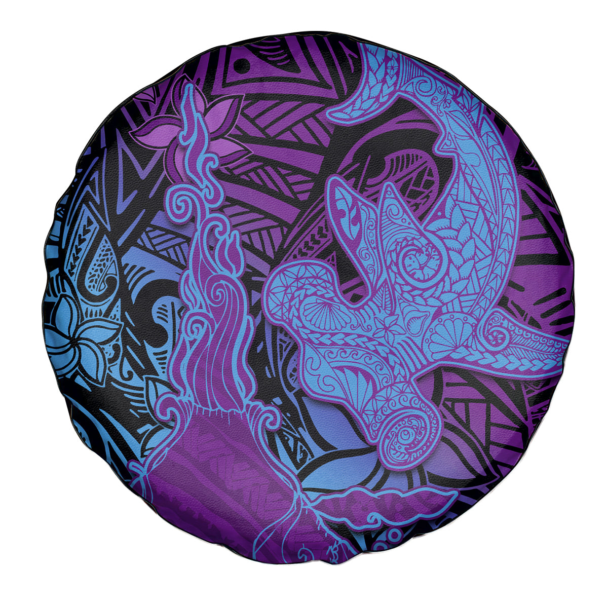 Hawaiian Volcano and Shark Spare Tire Cover Polynesian and Hibiscus Pattern Violet Gradient