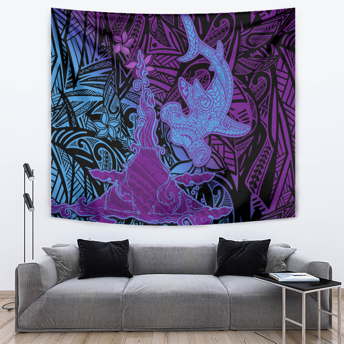 Hawaiian Volcano and Shark Tapestry Polynesian and Hibiscus Pattern Violet Gradient LT03 Violet - Polynesian Pride