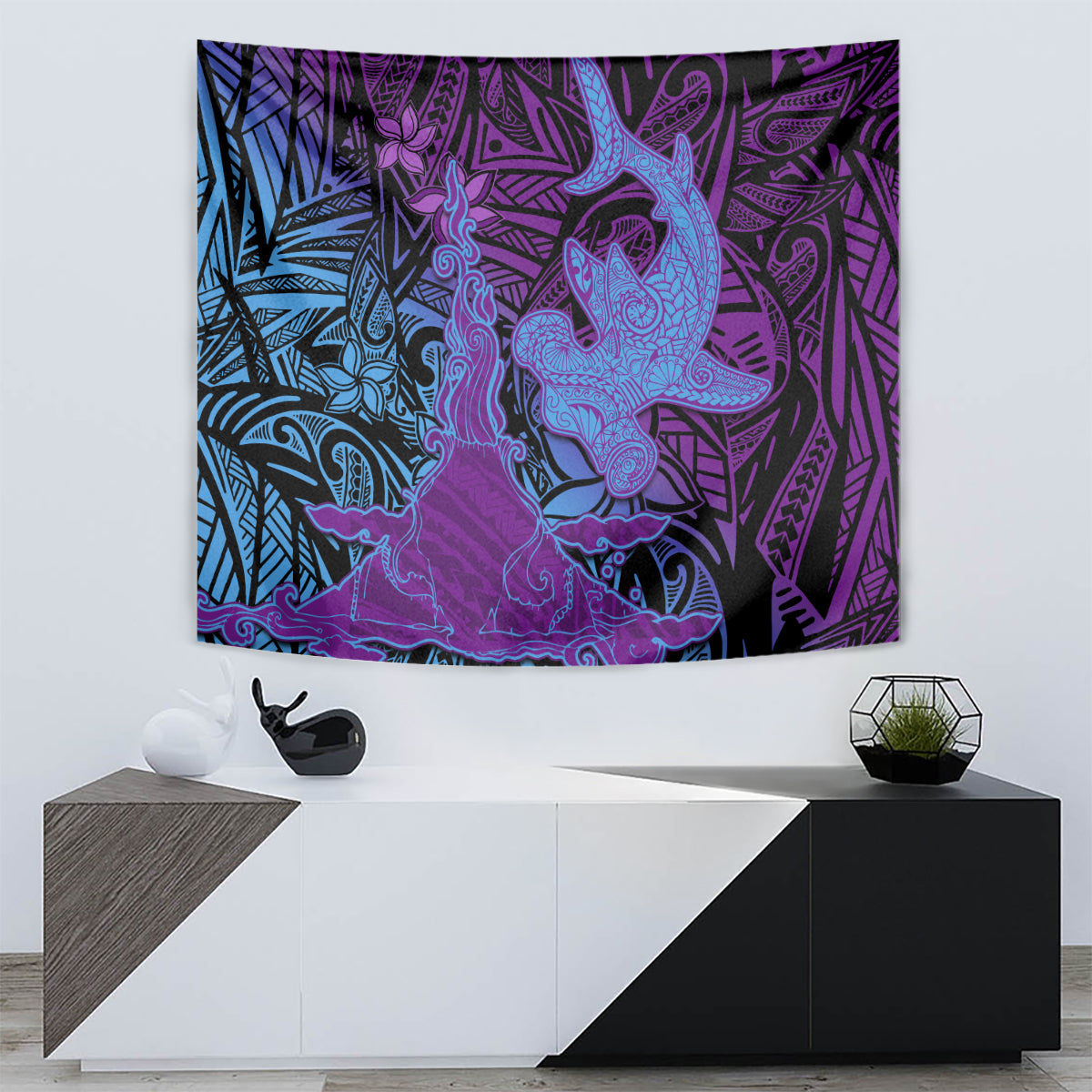 Hawaiian Volcano and Shark Tapestry Polynesian and Hibiscus Pattern Violet Gradient LT03 - Polynesian Pride
