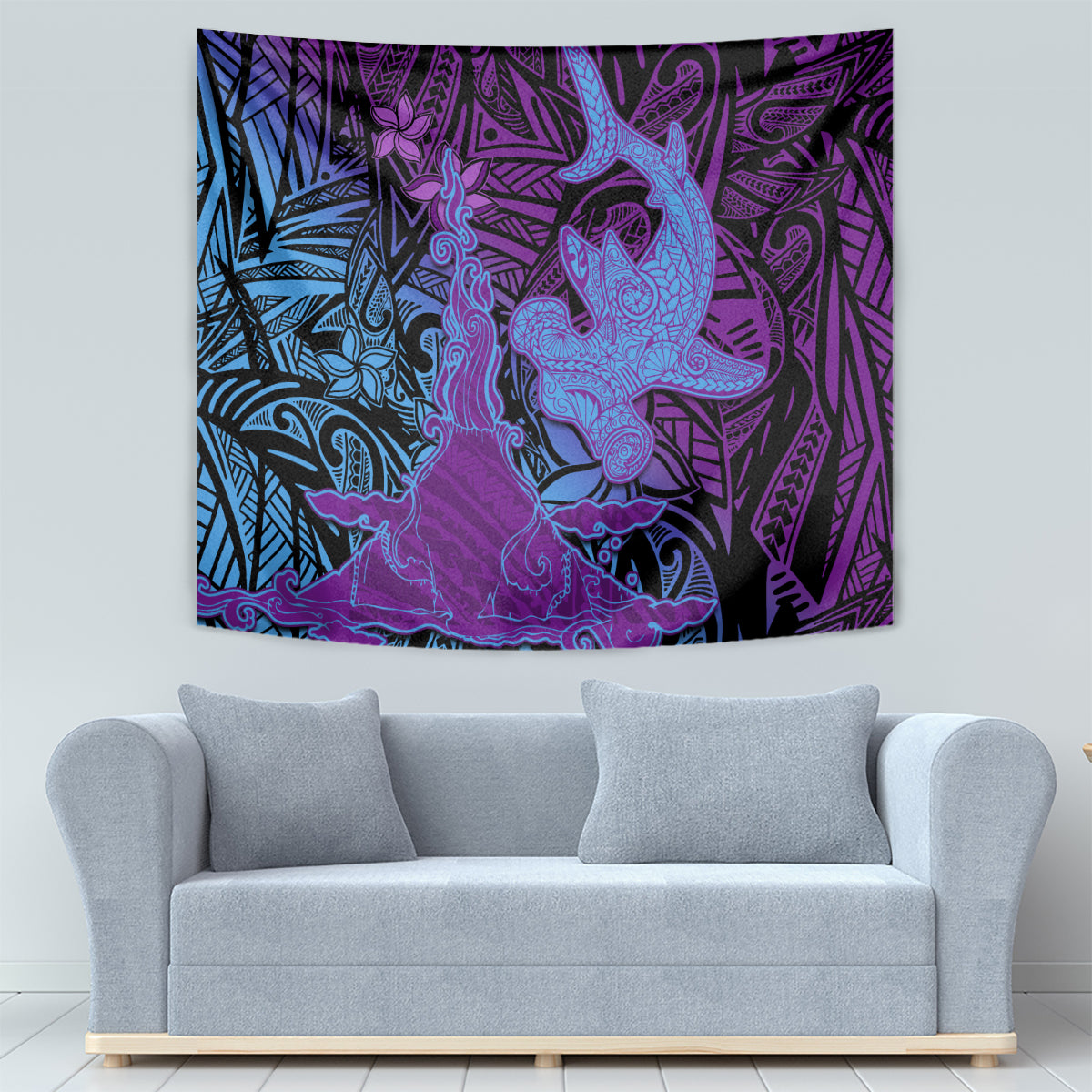 Hawaiian Volcano and Shark Tapestry Polynesian and Hibiscus Pattern Violet Gradient LT03 - Polynesian Pride