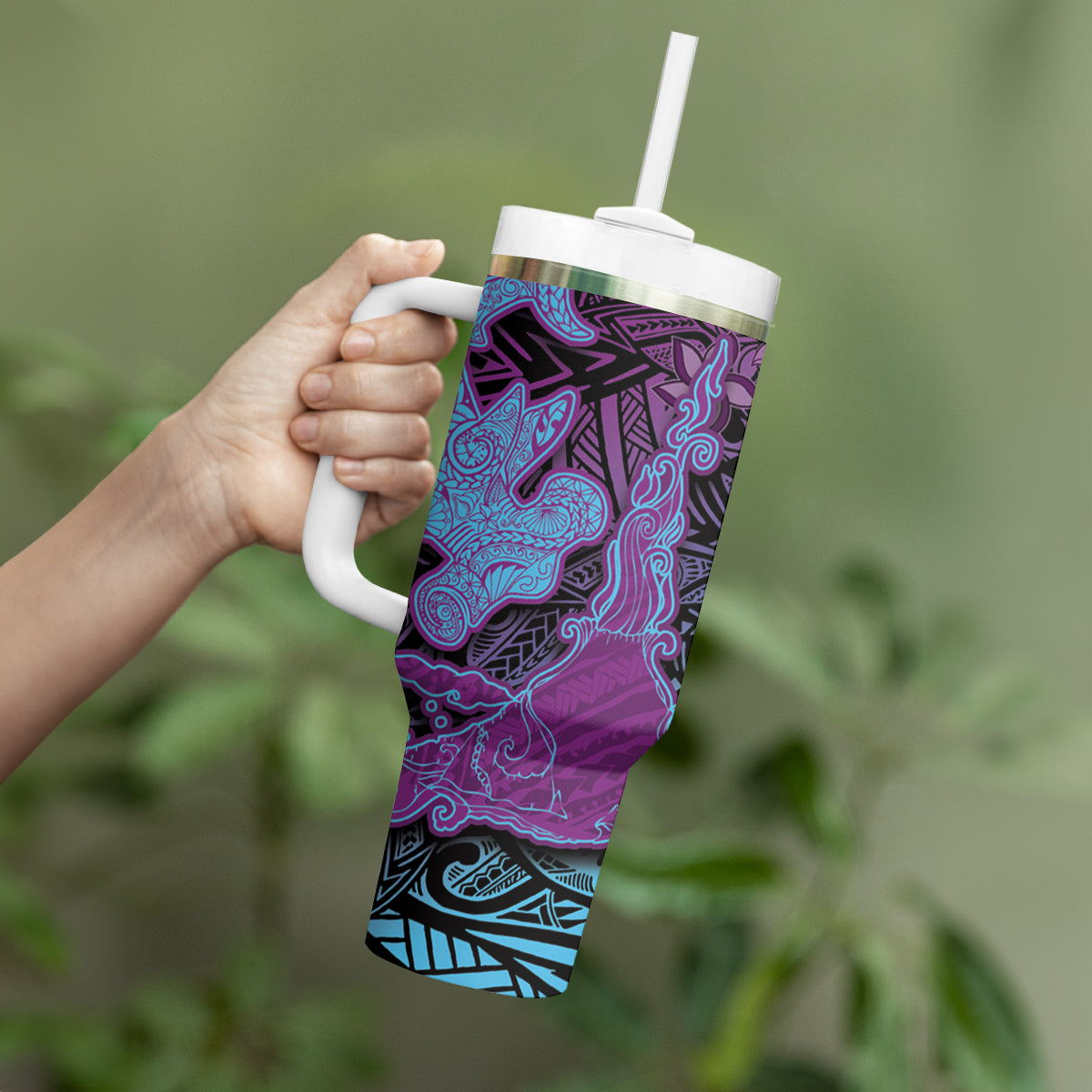 Hawaiian Volcano and Shark Tumbler With Handle Polynesian and Hibiscus Pattern Violet Gradient