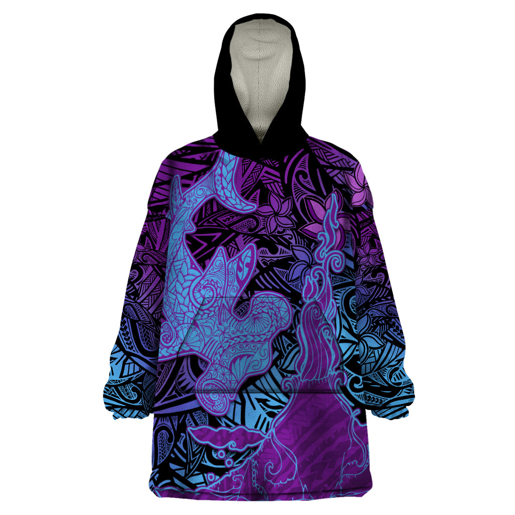 Hawaiian Volcano and Shark Wearable Blanket Hoodie Polynesian and Hibiscus Pattern Violet Gradient LT03 One Size Violet - Polynesian Pride