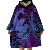 Hawaiian Volcano and Shark Wearable Blanket Hoodie Polynesian and Hibiscus Pattern Violet Gradient