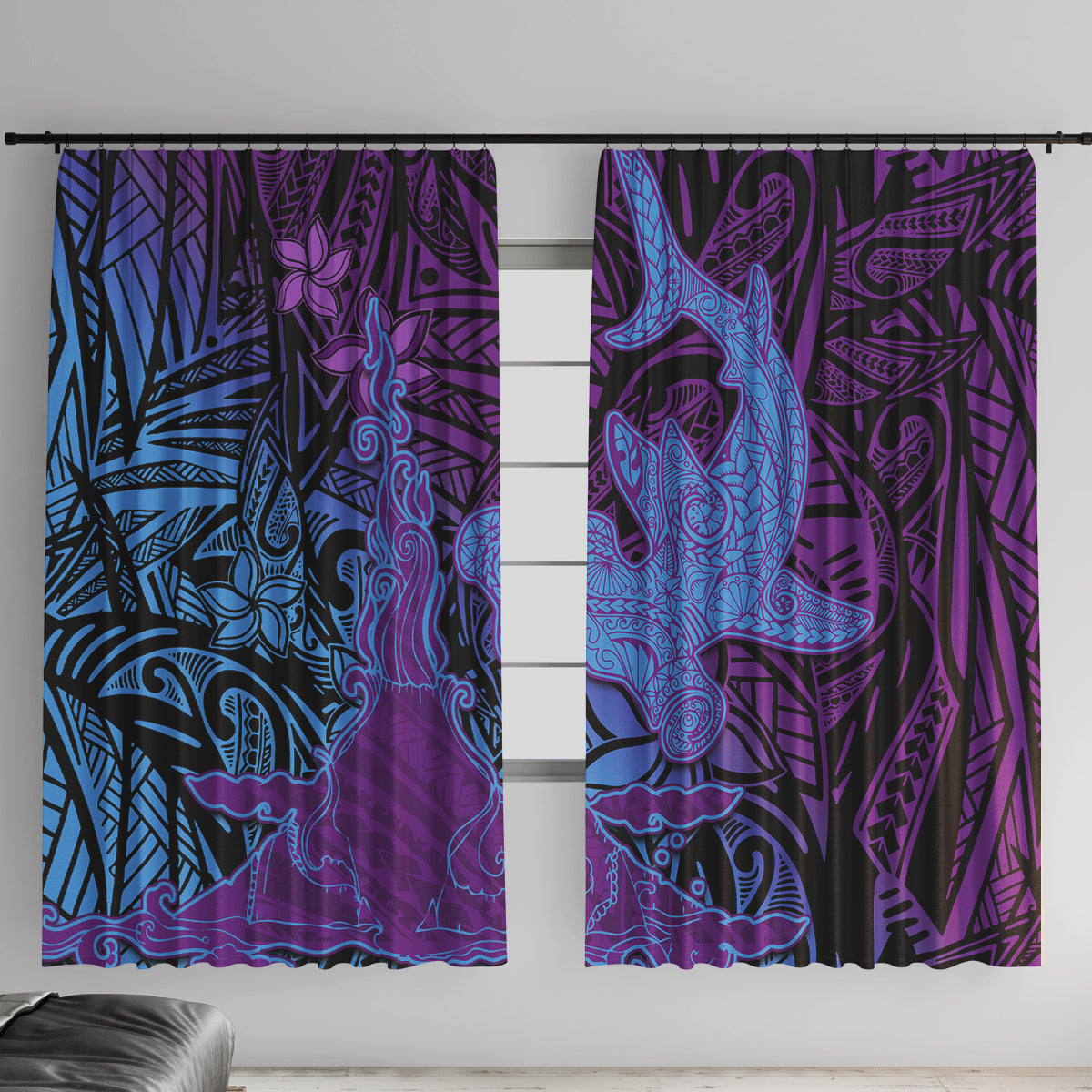 Hawaiian Volcano and Shark Window Curtain Polynesian and Hibiscus Pattern Violet Gradient LT03 With Hooks Violet - Polynesian Pride