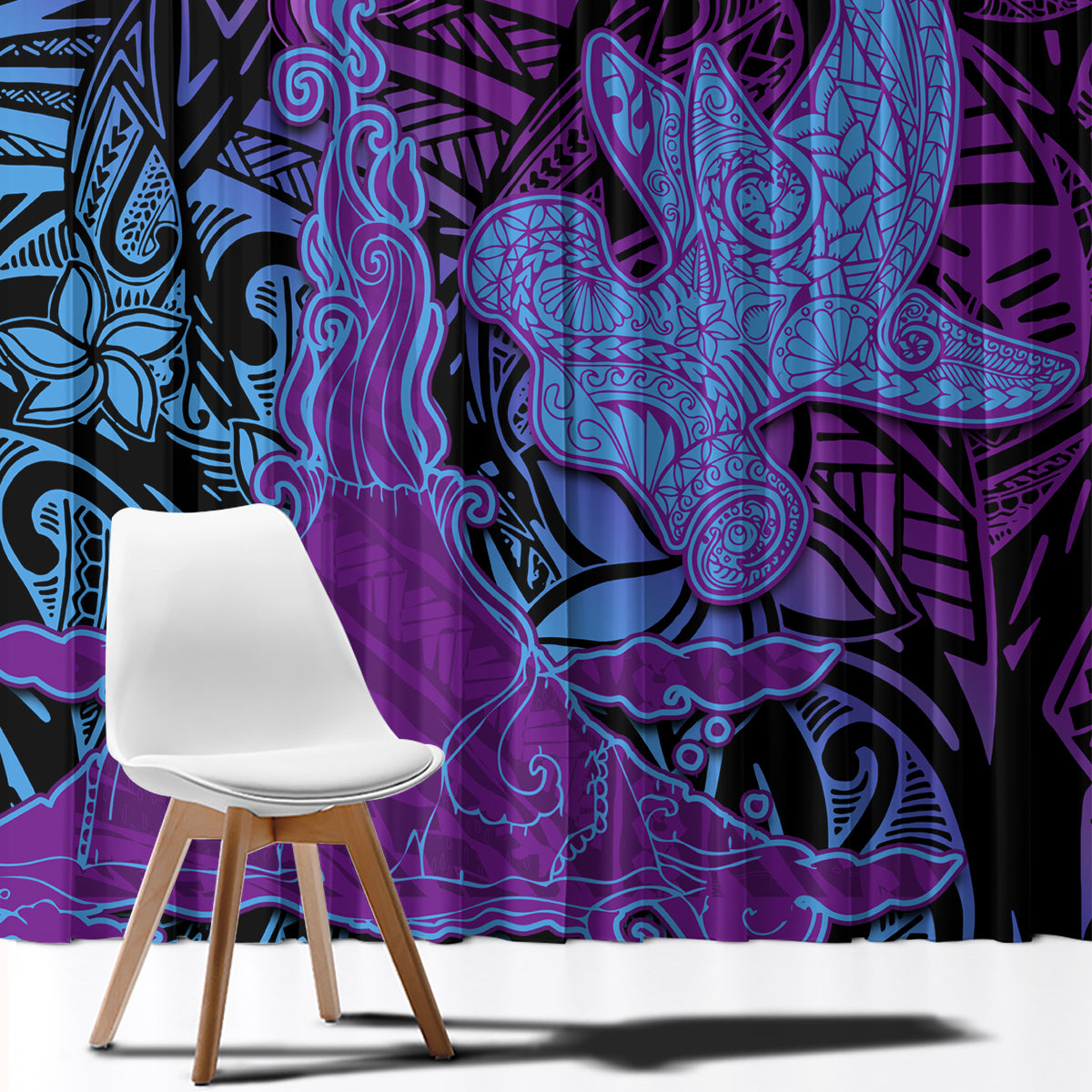 Hawaiian Volcano and Shark Window Curtain Polynesian and Hibiscus Pattern Violet Gradient LT03 - Polynesian Pride