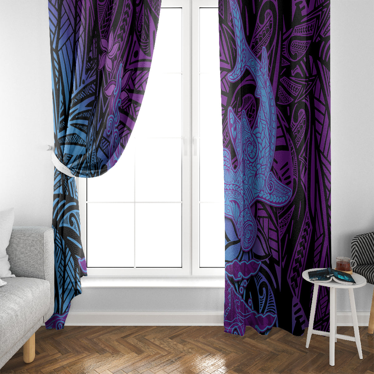 Hawaiian Volcano and Shark Window Curtain Polynesian and Hibiscus Pattern Violet Gradient LT03 - Polynesian Pride