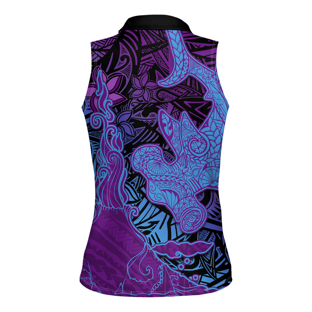 Hawaiian Volcano and Shark Women Sleeveless Polo Shirt Polynesian and Hibiscus Pattern Violet Gradient