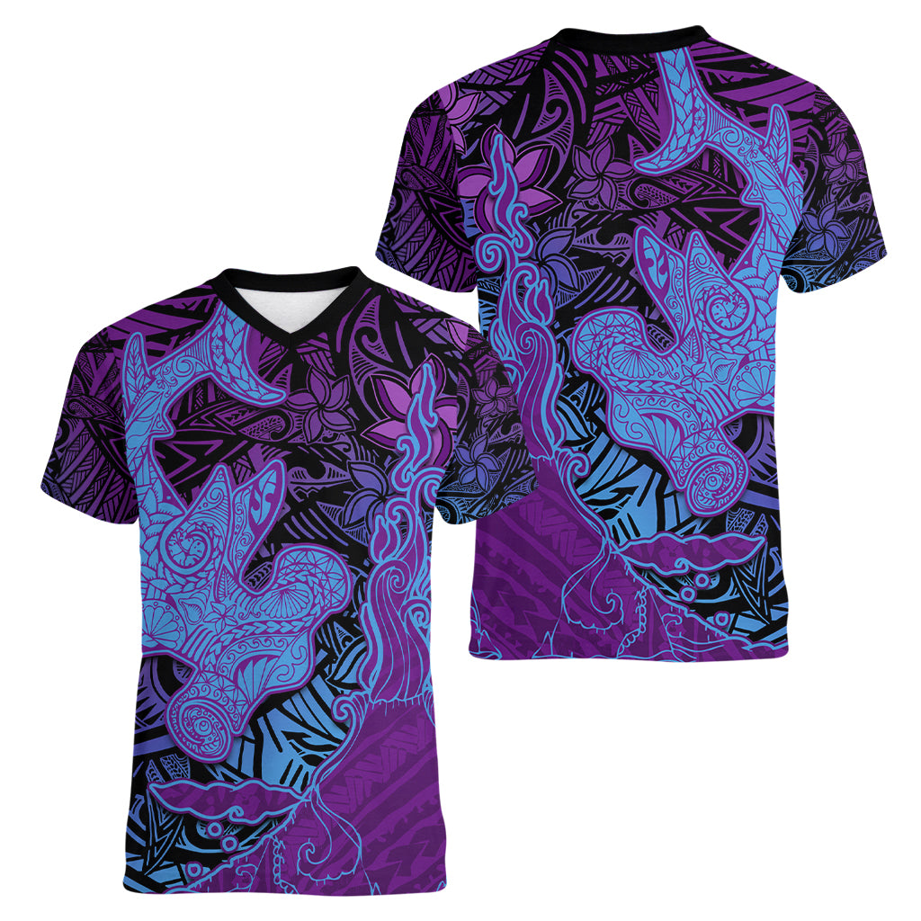 Hawaiian Volcano and Shark Women V-Neck T-Shirt Polynesian and Hibiscus Pattern Violet Gradient