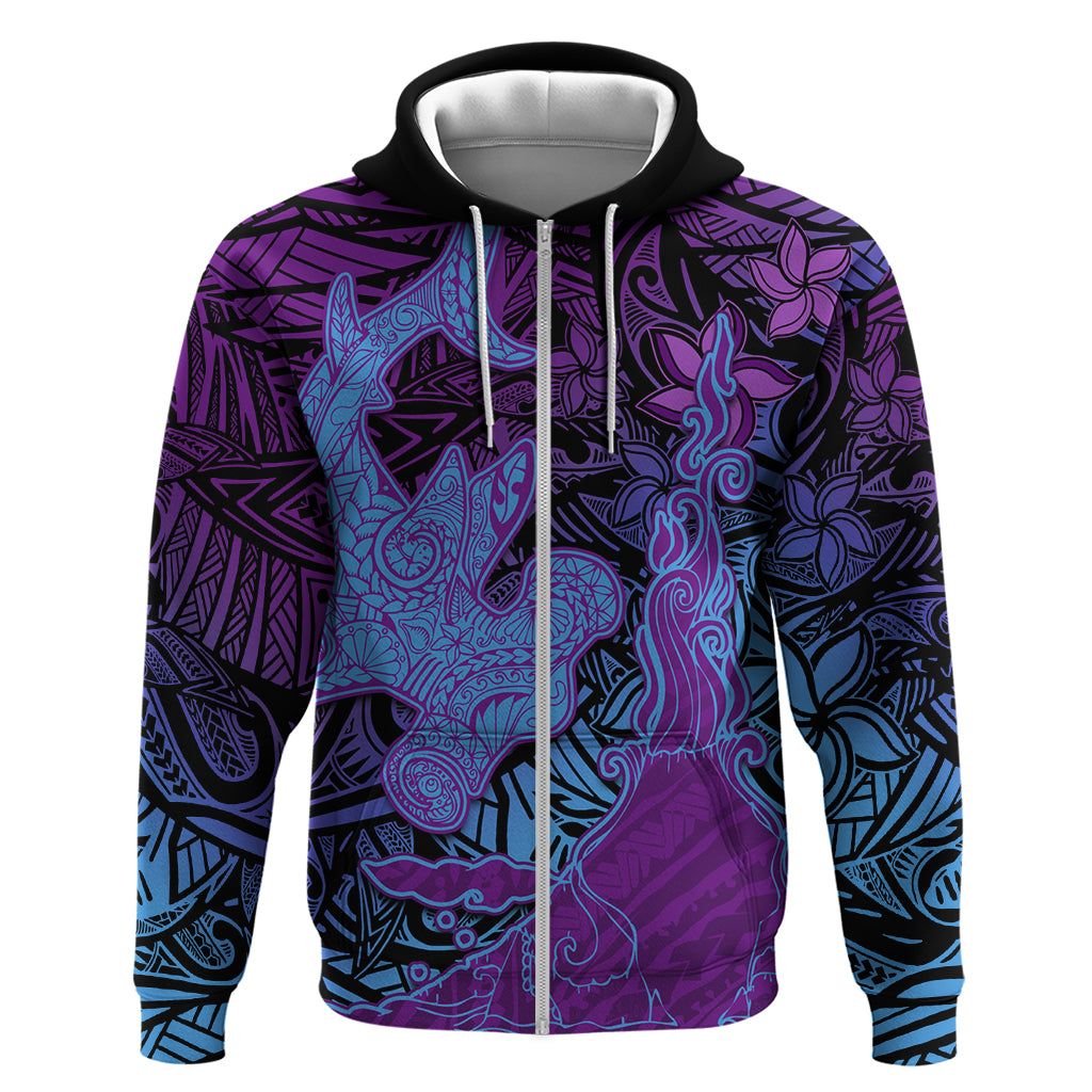Hawaiian Volcano and Shark Zip Hoodie Polynesian and Hibiscus Pattern Violet Gradient LT03 Zip Hoodie Violet - Polynesian Pride