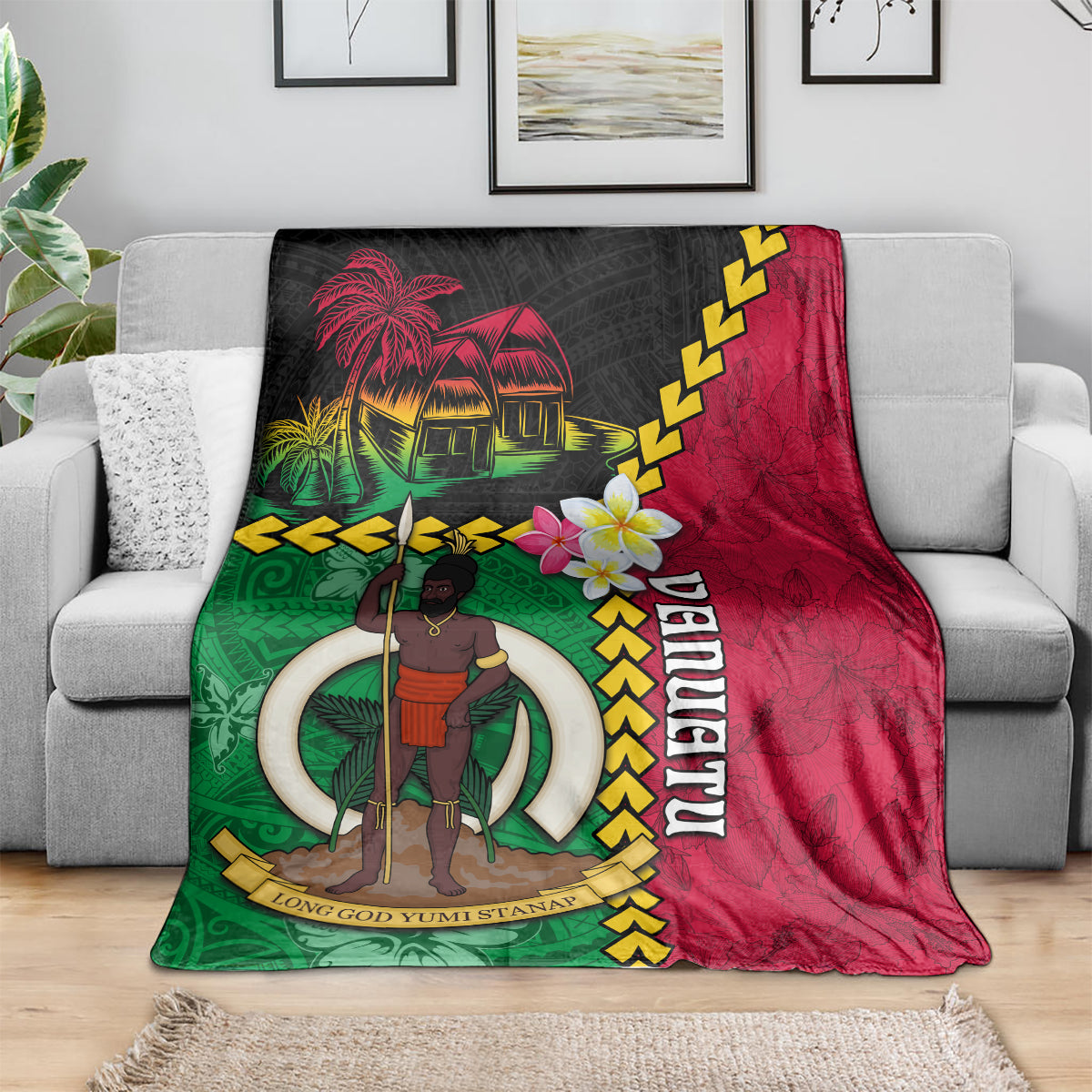 Vanuatu Nakamal and Plumeria Flowers Blanket Polynesian Pattern
