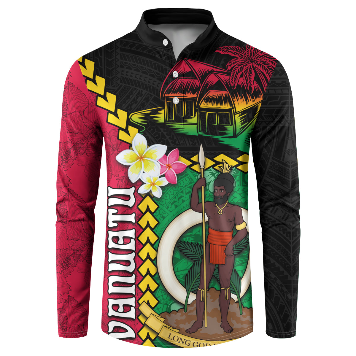 Vanuatu Nakamal and Plumeria Flowers Button Sweatshirt Polynesian Pattern LT03 Black - Polynesian Pride