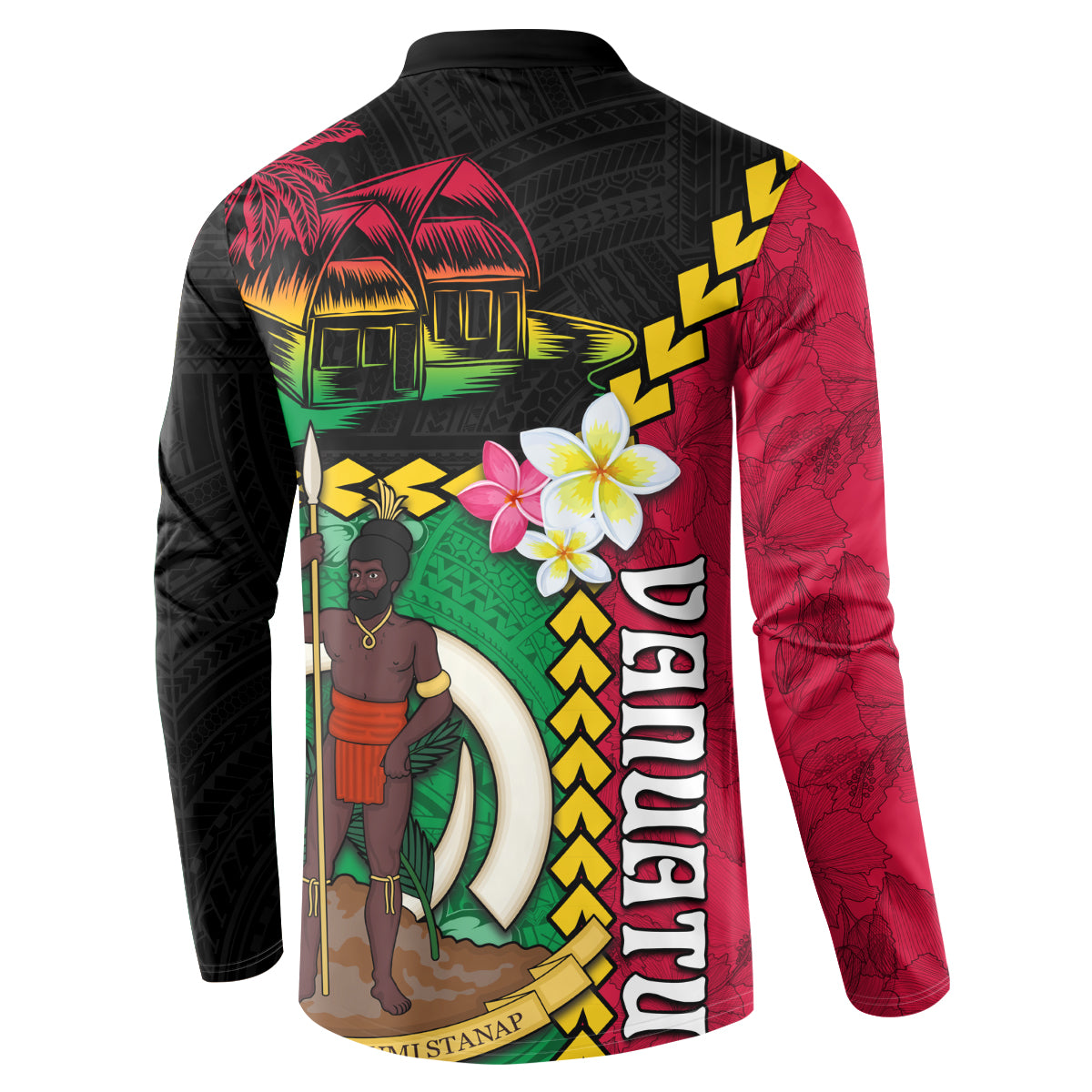 Vanuatu Nakamal and Plumeria Flowers Button Sweatshirt Polynesian Pattern