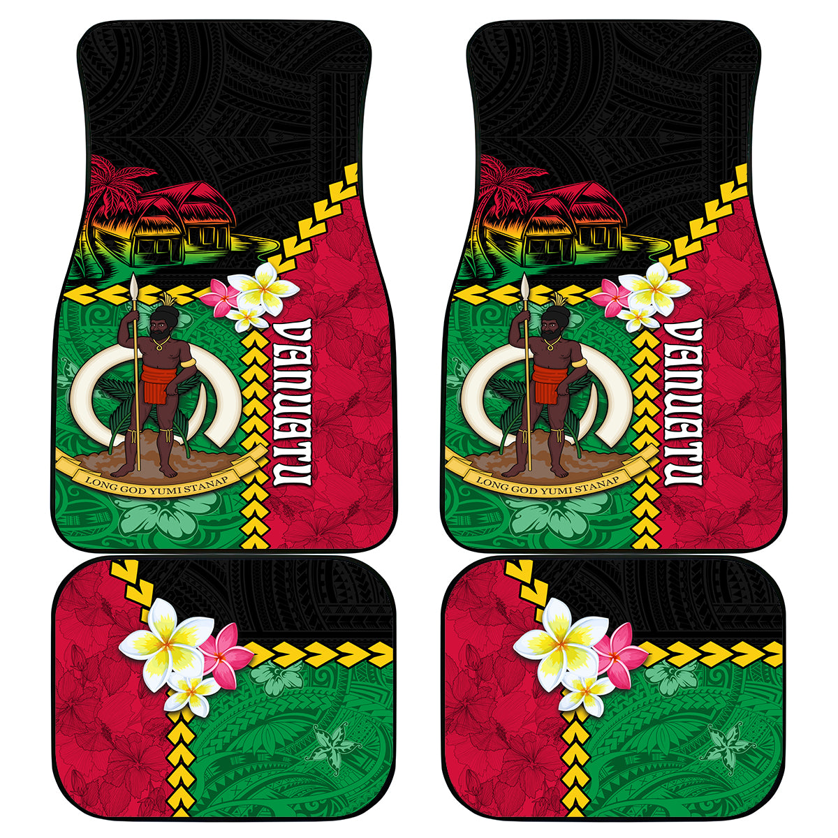 Vanuatu Nakamal and Plumeria Flowers Car Mats Polynesian Pattern