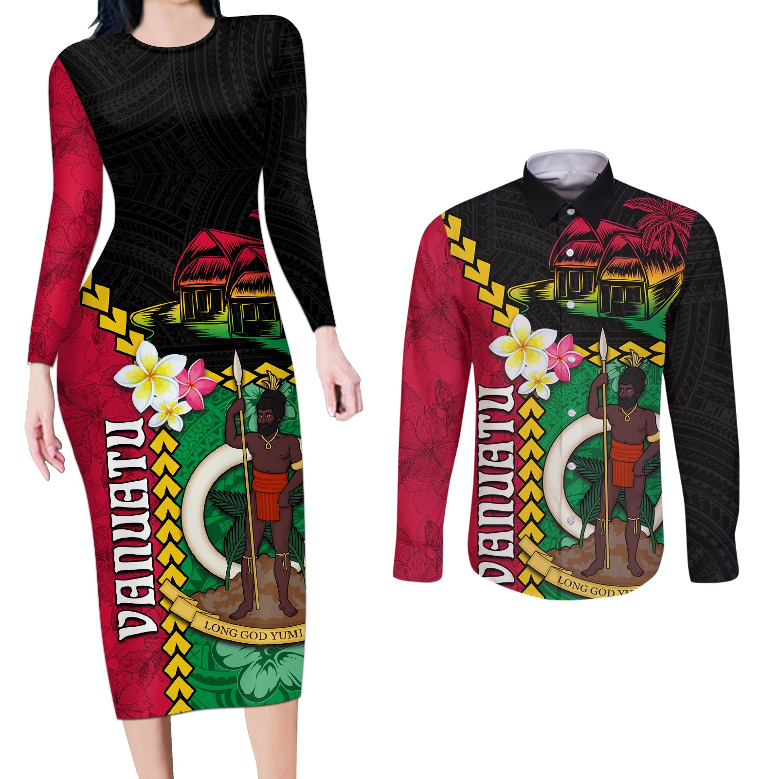 Vanuatu Nakamal and Plumeria Flowers Couples Matching Long Sleeve Bodycon Dress and Long Sleeve Button Shirt Polynesian Pattern