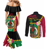 Vanuatu Nakamal and Plumeria Flowers Couples Matching Mermaid Dress and Long Sleeve Button Shirt Polynesian Pattern