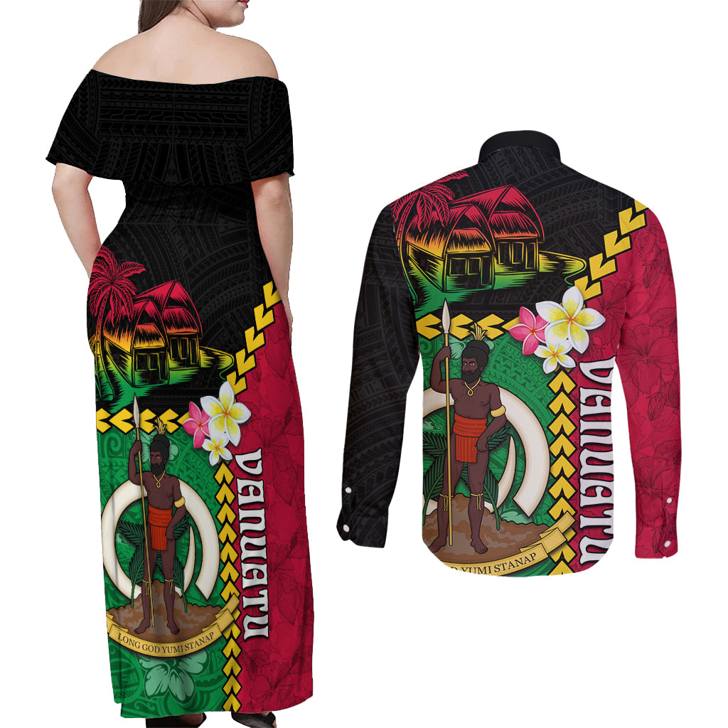 Vanuatu Nakamal and Plumeria Flowers Couples Matching Off Shoulder Maxi Dress and Long Sleeve Button Shirt Polynesian Pattern