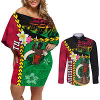 Vanuatu Nakamal and Plumeria Flowers Couples Matching Off Shoulder Short Dress and Long Sleeve Button Shirt Polynesian Pattern