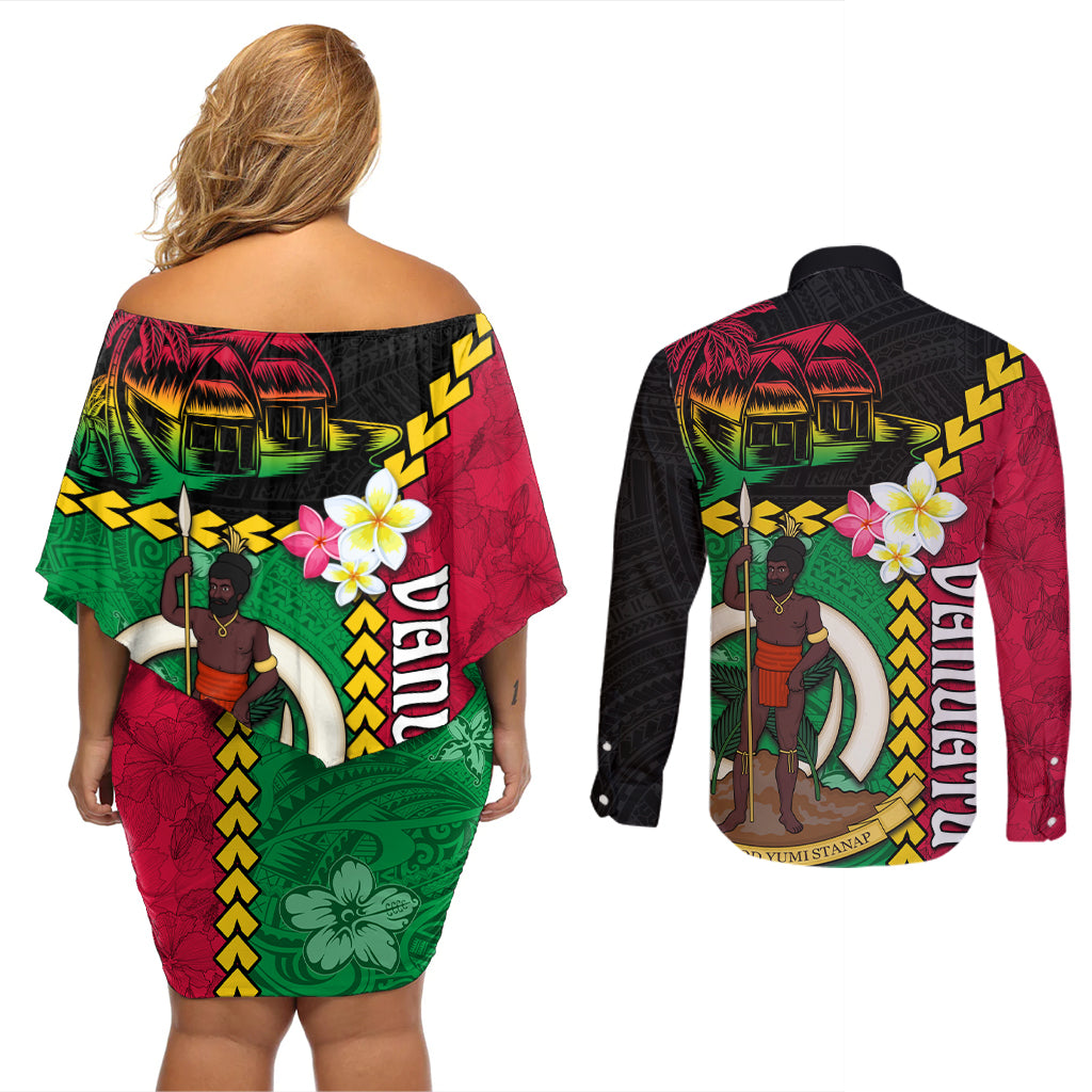 Vanuatu Nakamal and Plumeria Flowers Couples Matching Off Shoulder Short Dress and Long Sleeve Button Shirt Polynesian Pattern