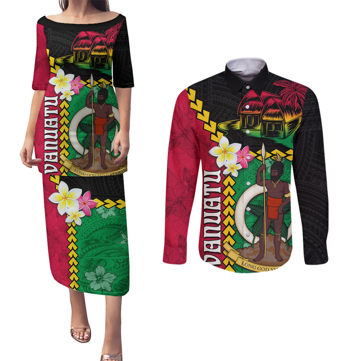 Vanuatu Nakamal and Plumeria Flowers Couples Matching Puletasi and Long Sleeve Button Shirt Polynesian Pattern