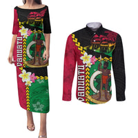 Vanuatu Nakamal and Plumeria Flowers Couples Matching Puletasi and Long Sleeve Button Shirt Polynesian Pattern