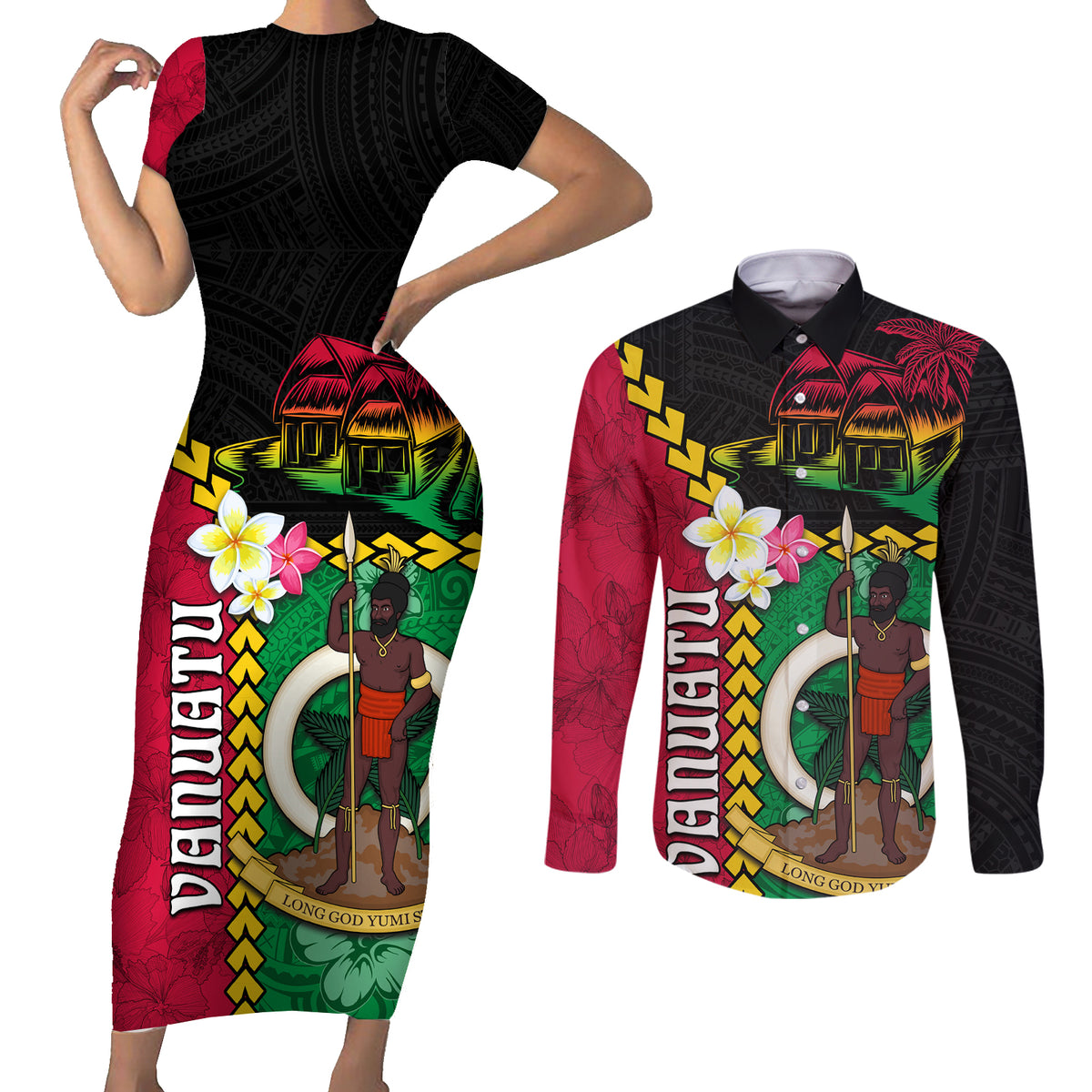 Vanuatu Nakamal and Plumeria Flowers Couples Matching Short Sleeve Bodycon Dress and Long Sleeve Button Shirt Polynesian Pattern
