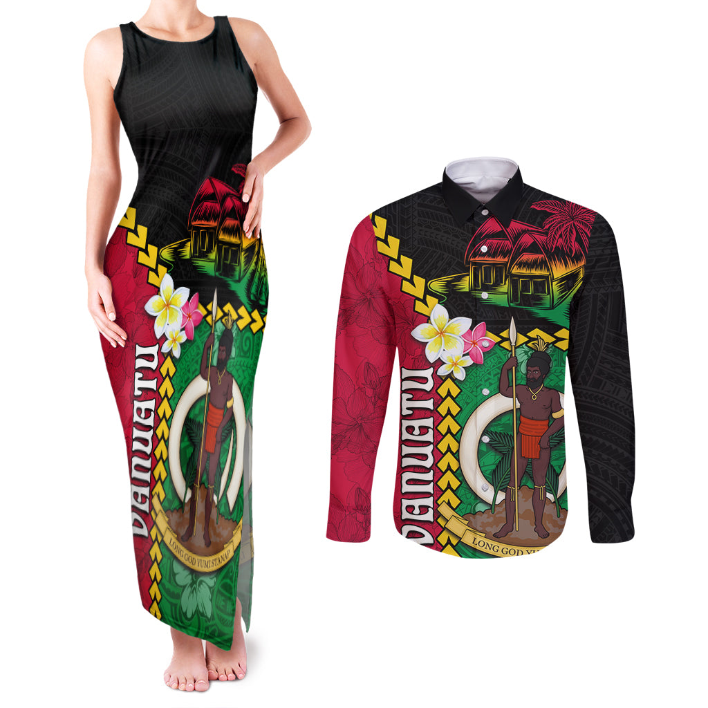 Vanuatu Nakamal and Plumeria Flowers Couples Matching Tank Maxi Dress and Long Sleeve Button Shirt Polynesian Pattern