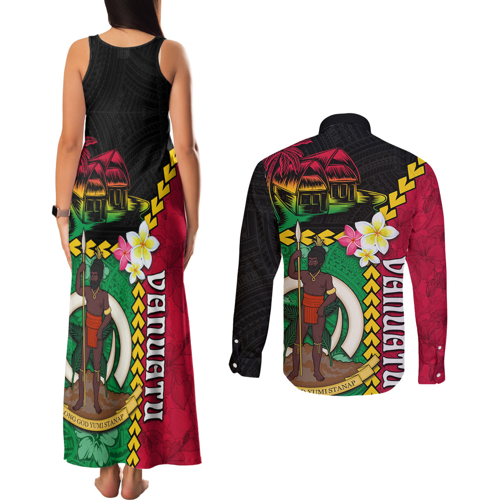 Vanuatu Nakamal and Plumeria Flowers Couples Matching Tank Maxi Dress and Long Sleeve Button Shirt Polynesian Pattern