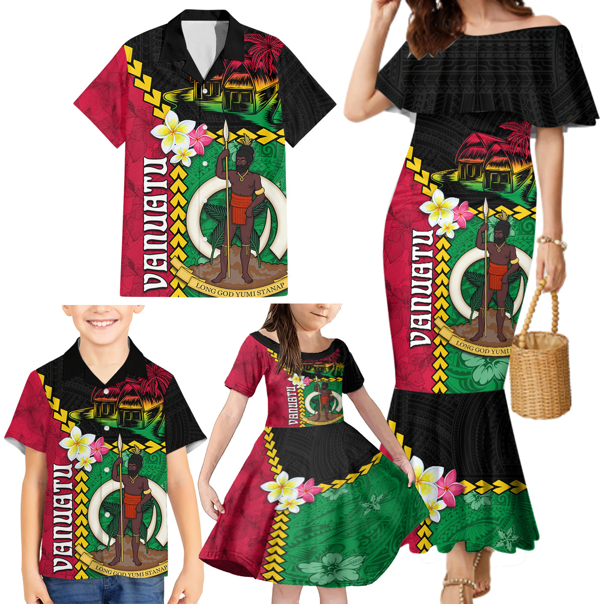 Vanuatu Nakamal and Plumeria Flowers Family Matching Mermaid Dress and Hawaiian Shirt Polynesian Pattern