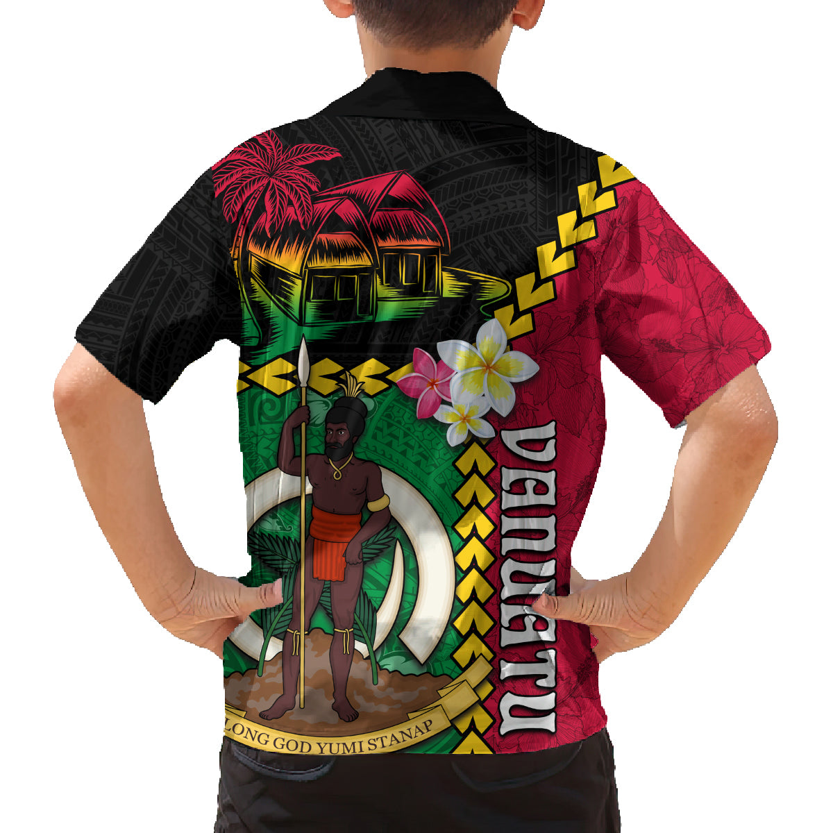 Vanuatu Nakamal and Plumeria Flowers Family Matching Off The Shoulder Long Sleeve Dress and Hawaiian Shirt Polynesian Pattern LT03 - Polynesian Pride